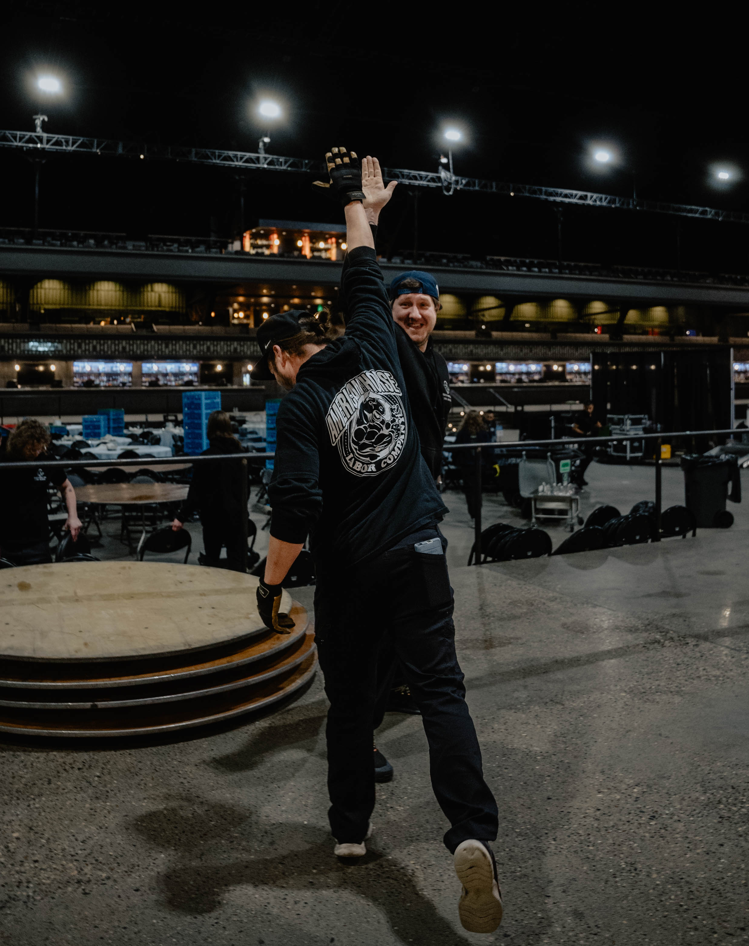 Stagehands during load in at a Minneapolis arena